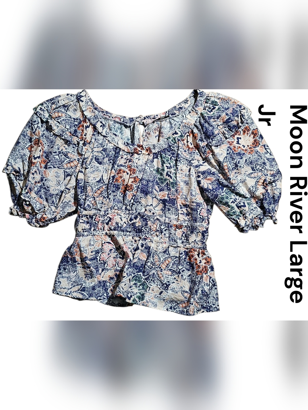Moon River Navy Blue Multicolor Floral Peplum Blouse